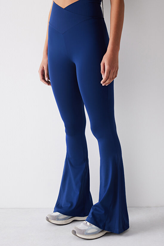 Lacivert Çapraz Bel Detaylı Slim Fit Flare İspanyol Paça Pantolon - 1
