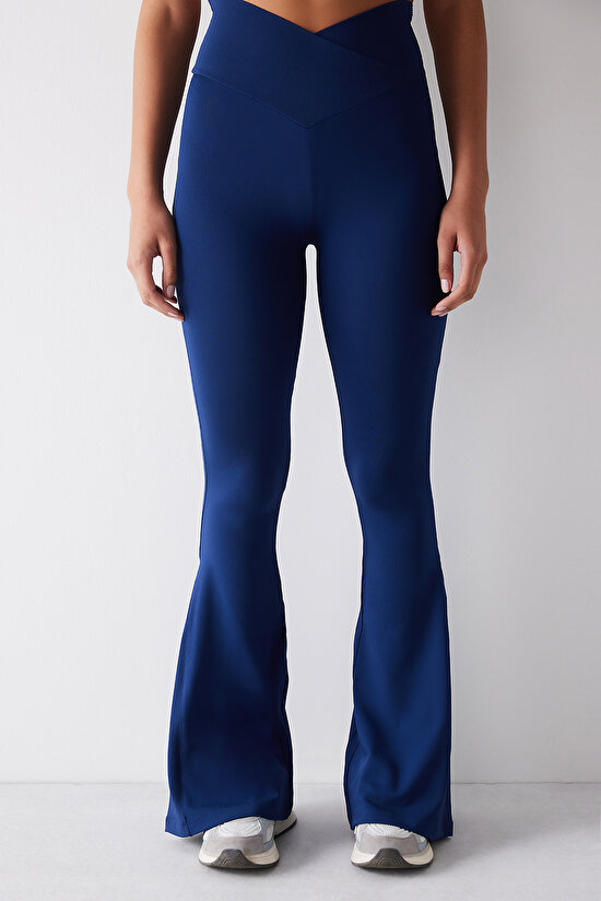 Lacivert Çapraz Bel Detaylı Slim Fit Flare İspanyol Paça Pantolon - 2