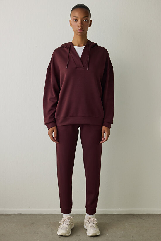 Bordo Silky Feel V Yaka Oversize Kapüşonlu Sweatshirt - 3
