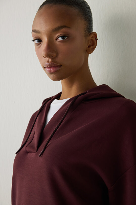 Bordo Silky Feel V Yaka Oversize Kapüşonlu Sweatshirt - 4