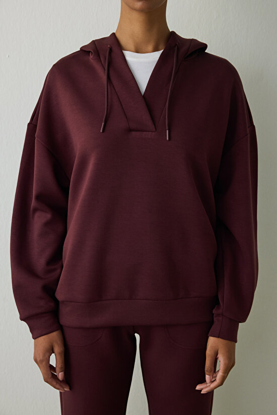 Bordo Silky Feel V Yaka Oversize Kapüşonlu Sweatshirt - 5