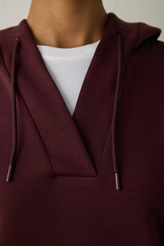 Bordo Silky Feel V Yaka Oversize Kapüşonlu Sweatshirt - 6