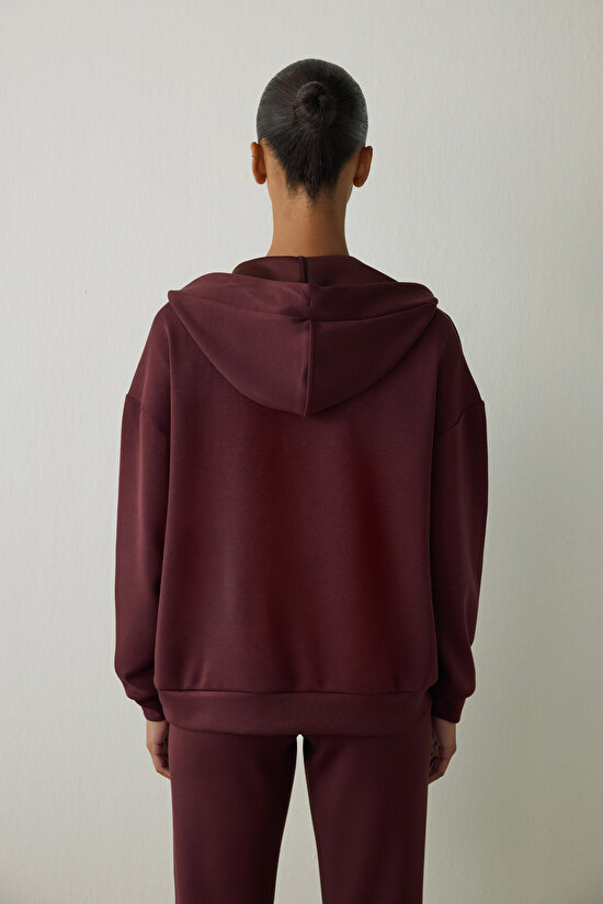 Bordo Silky Feel V Yaka Oversize Kapüşonlu Sweatshirt - 7
