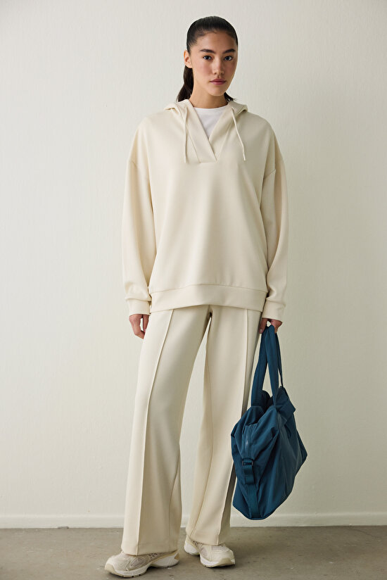Beige Silky Feel Oversize V Neck Hooded Sweatshirt - 4