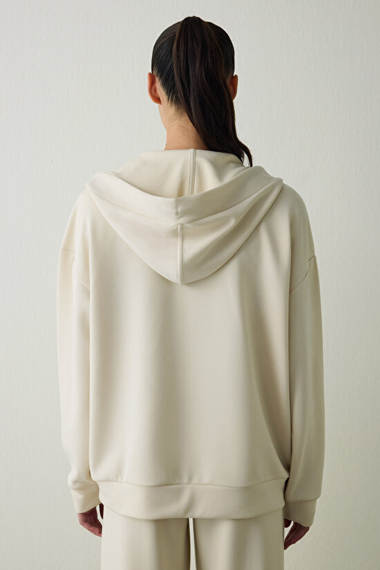 Beige Silky Feel Oversize V Neck Hooded Sweatshirt - 6