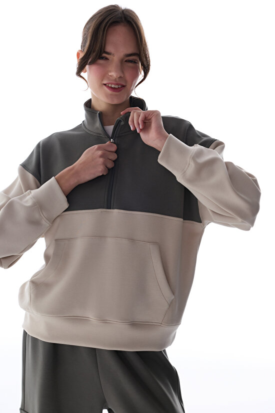Khaki Silky Feel Color Block Sweatshirt - 1