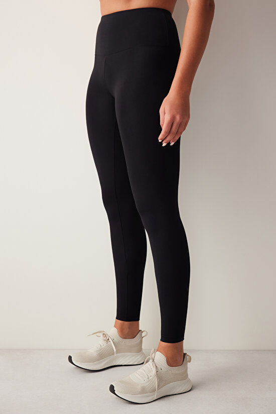 Siyah Smooth Feel Yüksek Bel Bilek Boy Tayt - 3