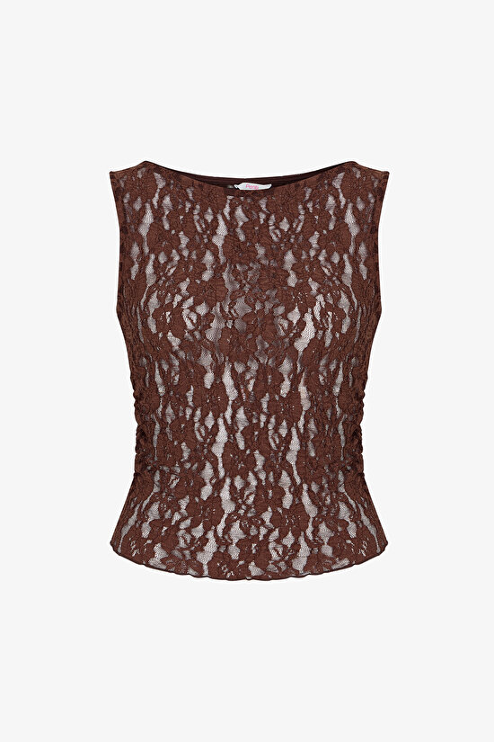 Kahverengi Drape Dantel Üst - 1