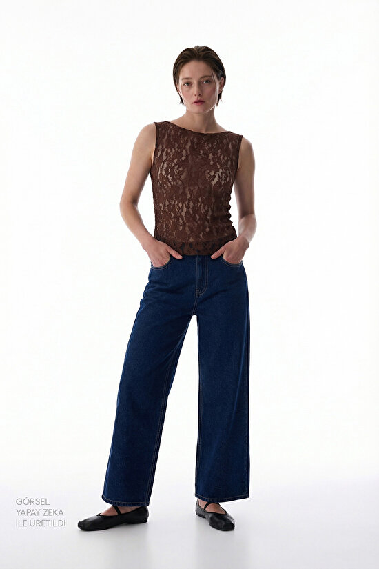 Kahverengi Drape Detaylı Dantelli Üst - 4