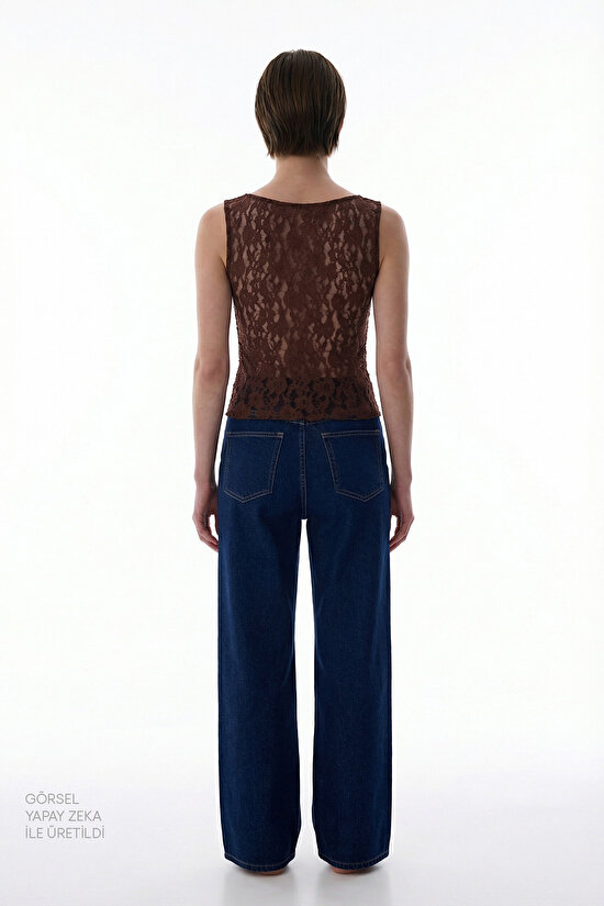 Kahverengi Drape Detaylı Dantelli Üst - 5