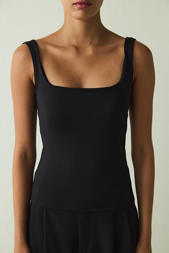 Black Square Neck Thick Strap Covered Bustier - 5