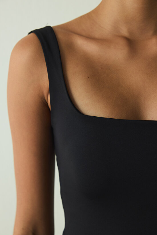 Black Square Neck Thick Strap Covered Bustier - 9