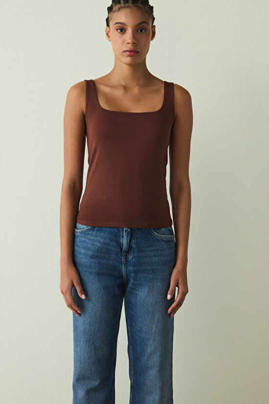 Cappuccino Square Neck Thick Strap Covered Bustier - 6