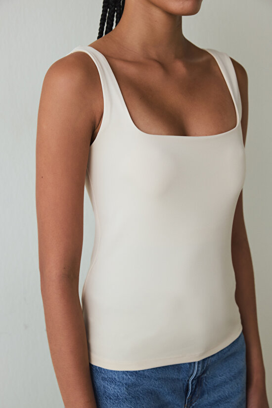 Beige Square Neck Thick Strappy Coated Slim Fit Top - 4