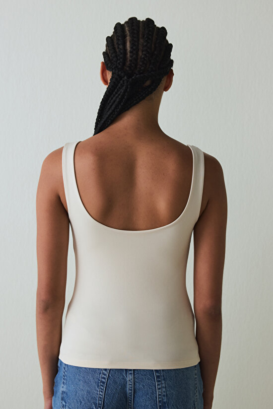 Beige Square Neck Thick Strappy Coated Slim Fit Top - 5