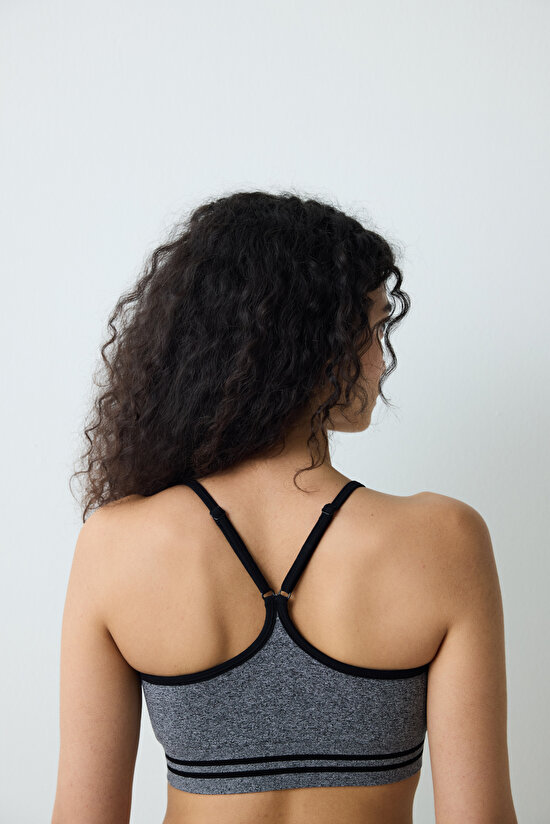 Siyah Hafif Destek Kontrast Dikişsiz Seamless Spor Sütyeni - 6