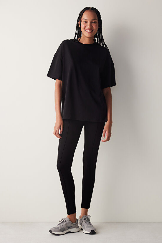 Siyah Bisiklet Yaka Basic Oversize Tişört - 3