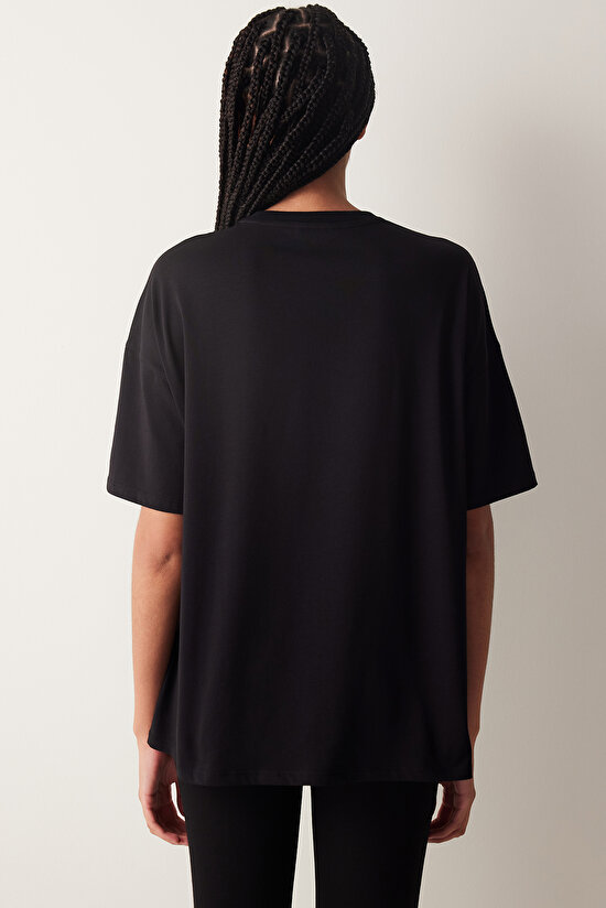 Siyah Bisiklet Yaka Basic Oversize Tişört - 6