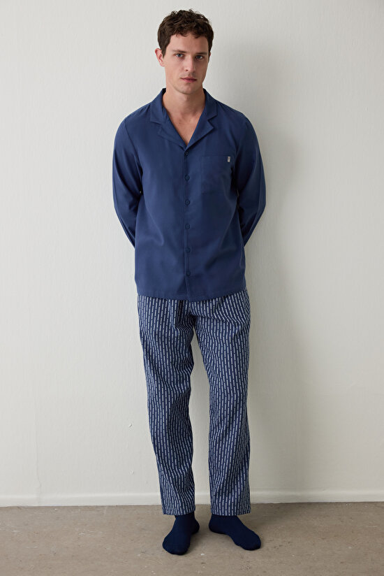 İndigo Melanj Erkek Düğmeli Gömlek Pantolon Pijama Takımı - 1