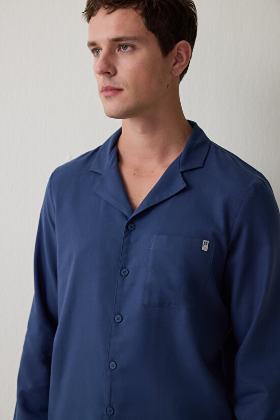 İndigo Melanj Erkek Düğmeli Gömlek Pantolon Pijama Takımı - 3