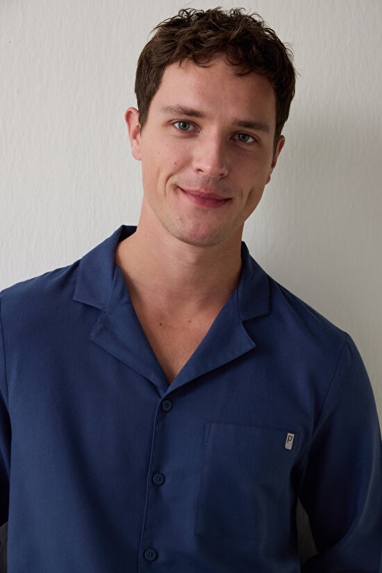 İndigo Melanj Erkek Düğmeli Gömlek Pantolon Pijama Takımı - 4