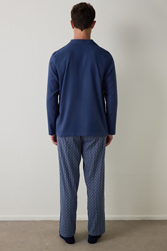 İndigo Melanj Erkek Düğmeli Gömlek Pantolon Pijama Takımı - 6