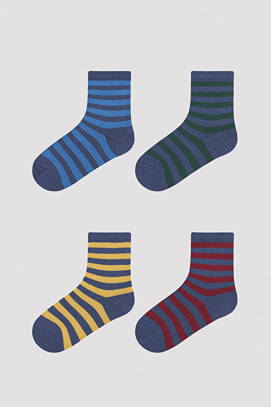 Erkek Çocuk Koyu Şerit Detaylı 4 lü Soket Çorap - 1