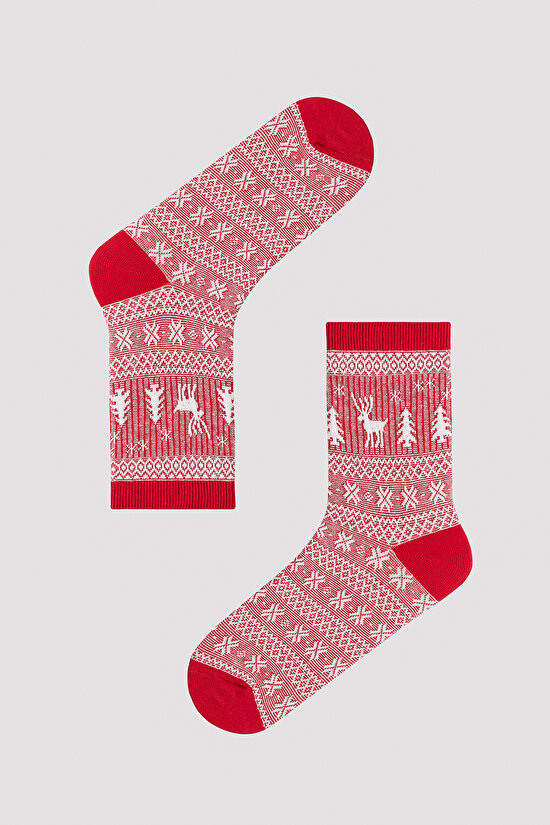 New Year Deer Snowflake Gri 2li Soket Çorap - 5