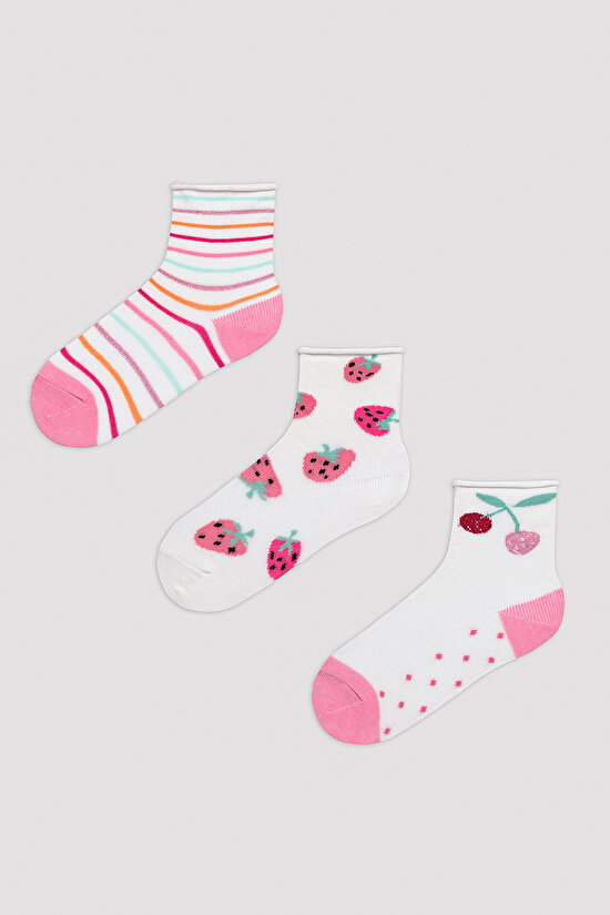 Kız Çocuk Strawberry Bej 3lü Soket Çorap - 1