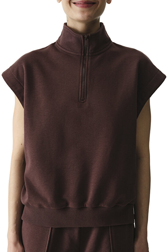 Kahverengi Yarım Fermuarlı Kısa Kollu Pamuklu Sweatshirt - 4