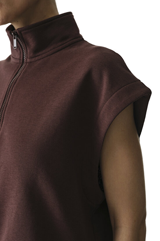 Kahverengi Yarım Fermuarlı Kısa Kollu Pamuklu Sweatshirt - 5