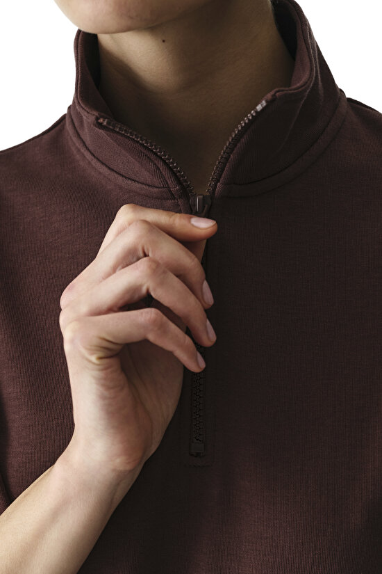 Kahverengi Yarım Fermuarlı Kısa Kollu Pamuklu Sweatshirt - 6