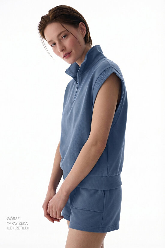 Mavi Yarım Fermuarlı Kısa Kollu Pamuklu Sweatshirt - 3