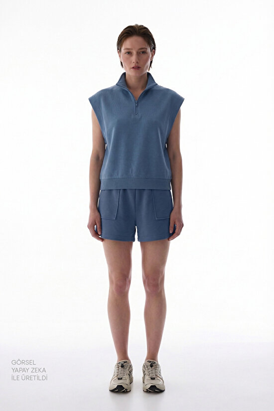 Mavi Yarım Fermuarlı Kısa Kollu Pamuklu Sweatshirt - 4
