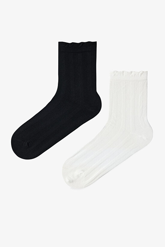 Black White Ruffle Mesh 2in1 Socket Socks - 1