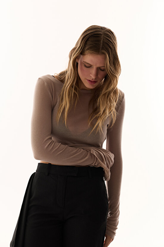 Dark Beige Boat Neck Cashmere Top - 5