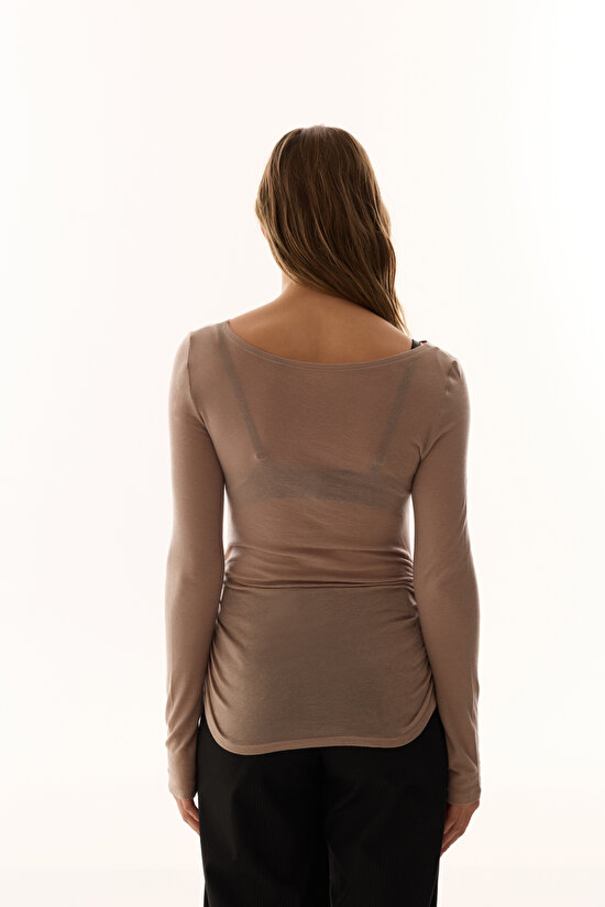 Dark Beige Boat Neck Cashmere Top - 10