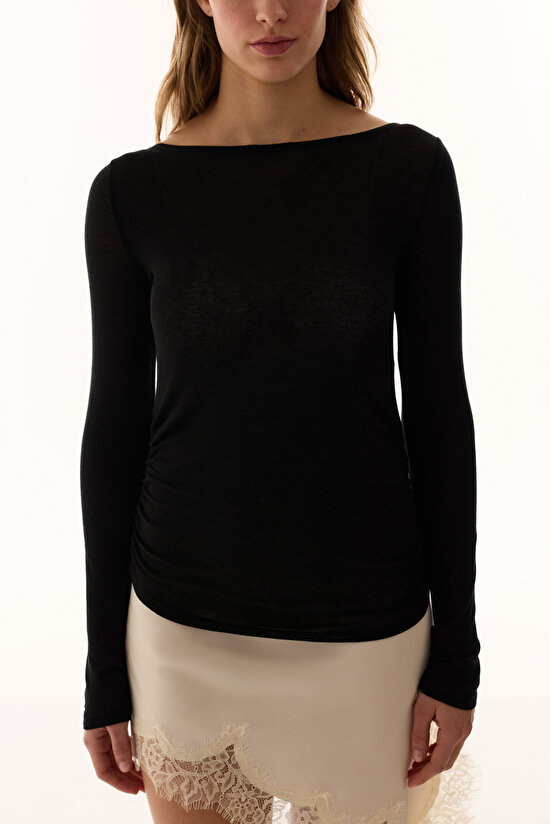 Siyah Kaşmir Karışımlı Kayık Yaka Uzun Kollu Üst - 7