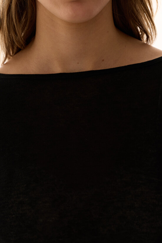 Siyah Kaşmir Karışımlı Kayık Yaka Uzun Kollu Üst - 8