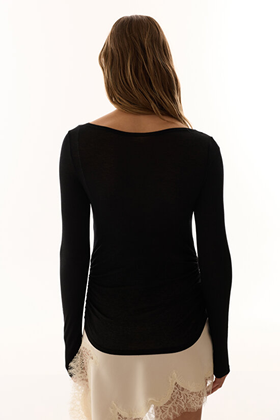 Siyah Kaşmir Karışımlı Kayık Yaka Uzun Kollu Üst - 9