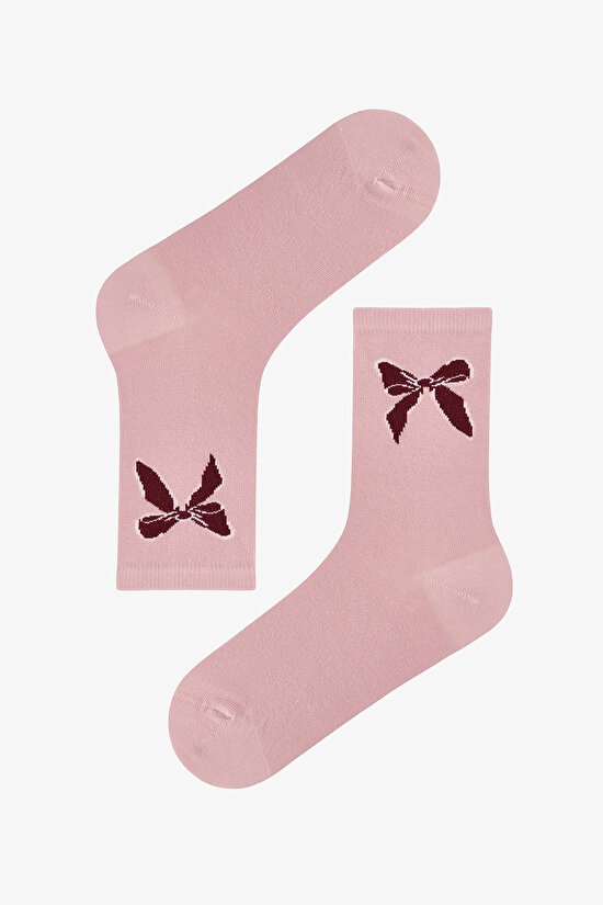 Bordo Ribbon Heart Fiyonk Desenli Pamuklu 3 Çift Soket Çorap - 2