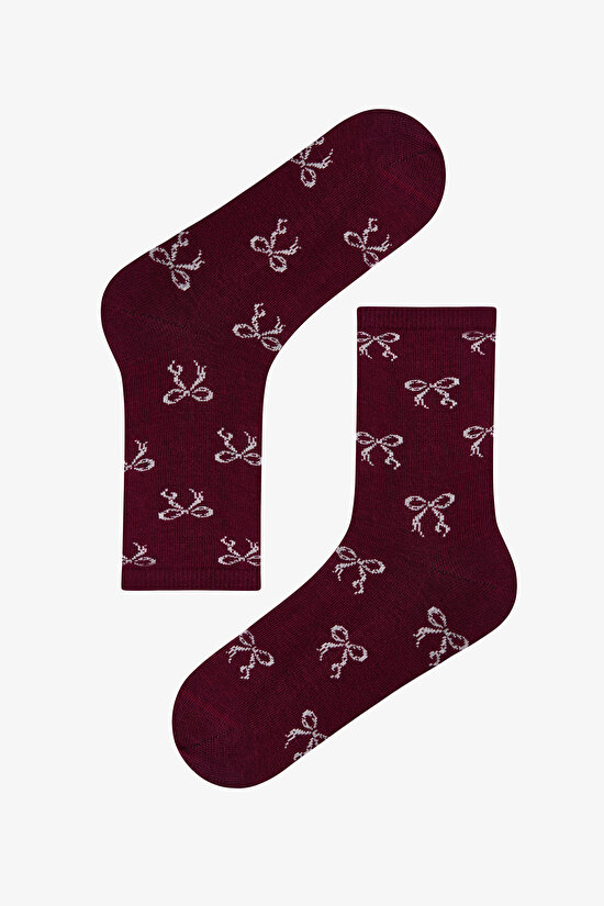 Bordo Ribbon Heart Fiyonk Desenli Pamuklu 3 Çift Soket Çorap - 3