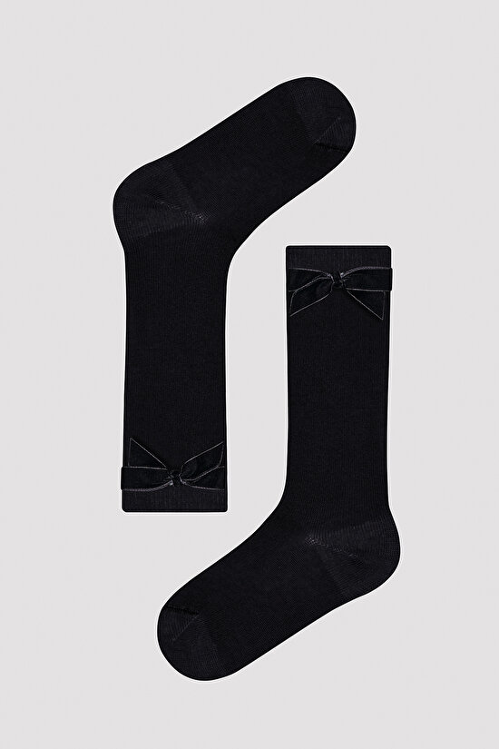 Kız Çocuk Black Ribbon Pantolon Çorabı - 1