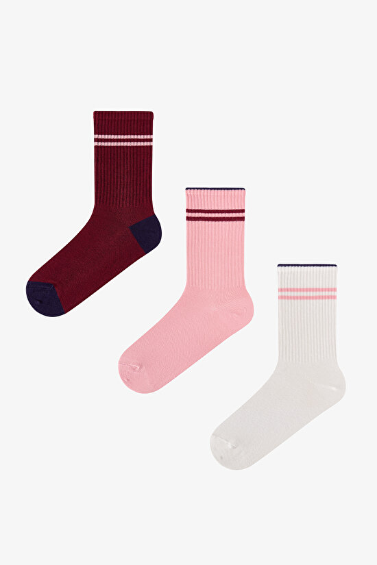 Pembe Bordo Long Tennis Çizgili Pamuklu 3 Çift Soket Çorap - 1