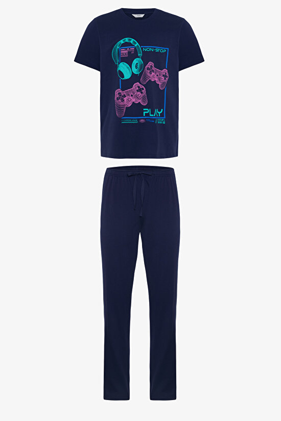 Erkek Nons Slogan Baskılı Pamuklu Pijama Takımı - 7