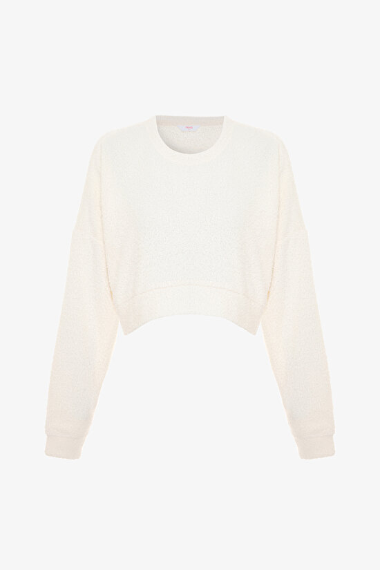White Crew Neck Oversize Crop Sweatshirt - 8