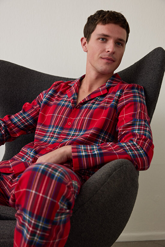 Kırmızı Erkek Ekose Desenli Uzun Kollu Gömlek Pijama Takımı - 1