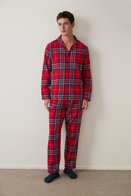 Kırmızı Erkek Ekose Desenli Uzun Kollu Gömlek Pijama Takımı - 4