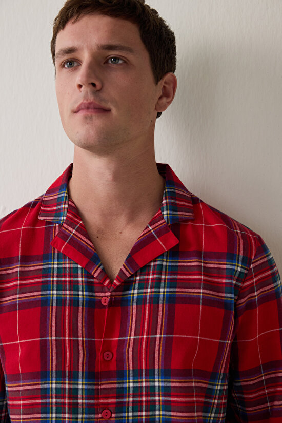 Kırmızı Erkek Ekose Desenli Uzun Kollu Gömlek Pijama Takımı - 5