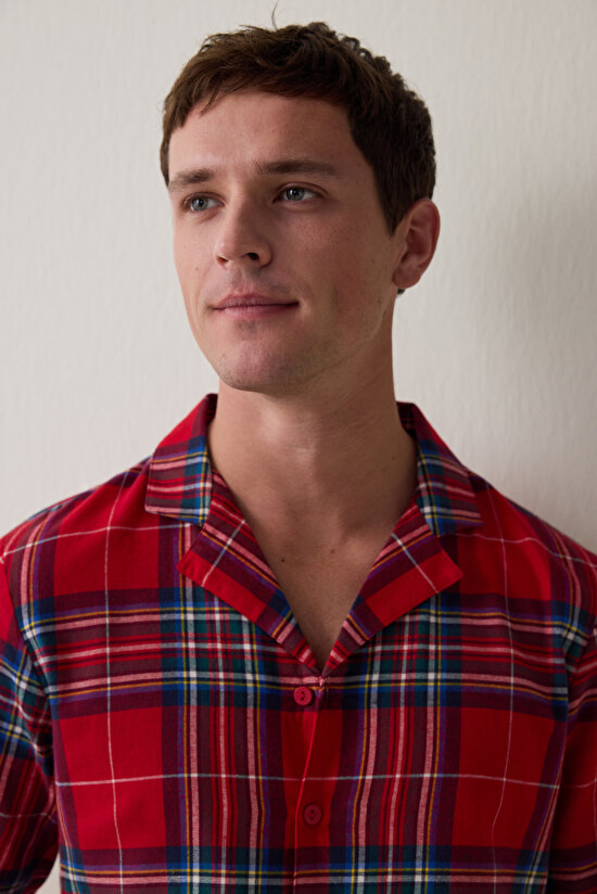 Kırmızı Erkek Ekose Desenli Uzun Kollu Gömlek Pijama Takımı - 6